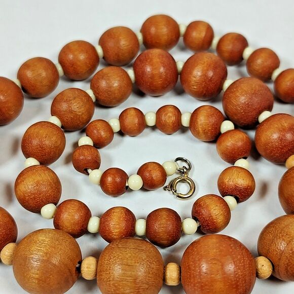 Natural Wood & Plastic Beaded Necklace SIlver Tone Metal 24" Graduated Bohemian - Picture 9 of 9